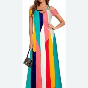 Colorblock Striped Off the Shoulder Maxi Dress - M